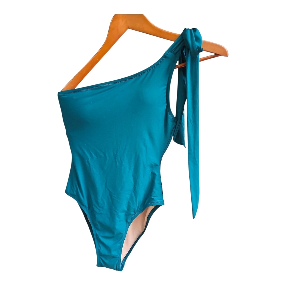 J. Crew Teal One-Shoulder Swimsuit Bow Strap Detail Size 4 NWT